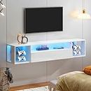 SogesHome Wall Mounted TV Stand with Storage Shelf 55 inch Floating Wall TV Cabinet Stand with LED Lights Modern Entertainment Center Media Console Table with Headphone Hooks