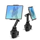 Cup Holder Car Tablet Mount, 360° Adjustable 2-Arm Stand Holder for iPad Pro 12.9/11/10.5/9.7/Air/Mini 6/5/4, Samsung Galaxy Tab/Z Fold 4/3, Amazon Fire HD, iPhone 15/14/13/Pro, 4.7-12.9" Tab & Phone