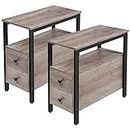 HOOBRO Set of 2 End Tables, Recliner Side Table with 2 Drawer and Open Shelf, Narrow Nightstand for Small Space, in Living Room Bedroom Balcony, Wood Look Accent Table, Greige and Black BG54BZP201G2