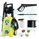 WXNANY 2030 Max PSI 1.76 GPM 14.5-Amp Electric High Pressure Washer 1800W for Cars Fences Driveways Patios with 4 Interchangeable Nozzles, Foam Cannon and Hose Reel, Yellow