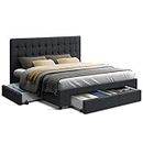 Artiss Queen Bed Frame Platform Tufted Headboard Frames Beds Base with 4 Storage Drawers Bedroom Room Decor Home Furniture, Upholstered with Charcoal Faux Linen Fabric + Foam + Wood