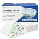 60 Pack Commode Liners with Absorbent Pads, 60 Bedside Commode Liners and 60 Commode Pads, Portable Toilet Liners for Commode Bucket | Universal Fit | Make Cleanup Simple