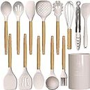 Silicone Cooking Utensils Set - 446°F Heat Resistant Silicone Kitchen Utensils for Cooking,Kitchen Utensil Spatula Set w Wooden Handles and Holder, BPA Free Gadgets for Non-Stick Cookware (Khaki)