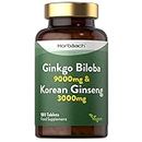 Ginkgo Biloba and Ginseng Tablets 12,000mg | High Strength | Ginkgo 9000mg & Korean Ginseng Root 3000mg | 180 Vegan Tablets | by Horbaach