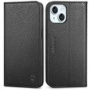 SHIELDON Wallet Case for iPhone 15, Genuine Leather Folio Case with [Card Holder][RFID Blocking][Kickstand][Magnetic Closure] Shockproof TPU Cover Compatible with iPhone 15 6.1" - Litchi Grain Black
