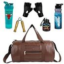 Duffle Gym Bags for Men Premium Gym Accessories Combo Set for Men and Women Workout with Whey Bottle,Gripper,Duffle Bag,Hand Gloves Sipper/Shaker -All-in-One Fitness Gym Kit (Brown+SkyBlue)