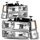 DNA MOTORING Pair Chrome/Amber Headlights+Bumper Lamps+Amber Corner Lights Compatible with 94-99 Chevy C/K Suburban 1500 2500 3500,HL-OH-8P-C1094-CH-AM