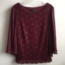 Connected Apparel Sequin Lace Sheer Blouse Top Womens M Burgundy Red Party Wear