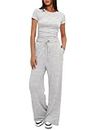 Darong Women's Two Piece Outfits Lounge Sets Ruched Short Sleeve Tops and High Waisted Wide Leg Pants Tracksuit Sets, Light Grey, Small