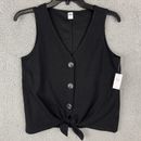 Old Navy Women's Top Small Black Buttons Knot Office Casual Loose Fit Sleeveless