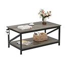 COTUBLR Coffee Table with Storage Shelf, 40 Inch Living Room Table, Farmhouse Coffee Table with 2 Tier Shelves, Black Table Legs, Industrial Wooden Coffee Table, Grey Oak