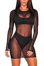 Jumppmile Women's Sheer Mesh Long Sleeve See Through Beach Cover Up L Black