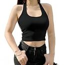 SamHeng Halter Neck Vest Crop Tops for Women Sleeveless Fitted Ladies Summer Ribbed Knit Tank Tops(Black/XL)