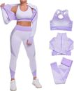Women 3 PC Yoga Set Zipper Top Sport Suit Bra Workout Clothes Gym Fitness