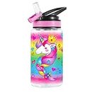 Cute Water Bottle for Kids Girls Boys, BPA Free & Sturdy Print & Leak Proof Flip Straw & Carry Loop & Easy Clean, 15oz - Unicorn
