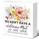 Funny Home Wood Block Signs,We Don't Have A Welcome Mat At Our Door Humorous Wooden Box Sign for Garden Home Porch Front Door Outdoor Entrance Decor V712
