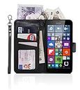 Gadget Giant® Microsoft Lumia 640 Hand Made Leather Full Wallet Case Cover Book with Lanyard Wrist Strap Hand Crafted - Black