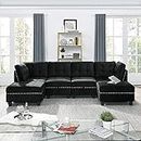 UBGO Living Room Furniture Sets,Modular Sectional Sofa,DIY Combination Sofas&Couches,116'' Velvet U Shape Couch with Storage Function,Includes, Two, 2 Single Chair+2 Corner+2 Ottoman, Black-A