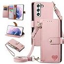 Furiet Wallet Case for Samsung Galaxy S21 FE 5G Zipper Pocket Purse with Shoulder Wrist Strap Leather Flip Kickstand Card Holder Phone Cover for S 21 EF S21FE5G UW S21FE 21S G5 6.4 inch Pink