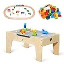 KRAND Kid's Multi-Purpose Activity Play Table with 60 Large Building Bricks and 30-Piece Wooden Train Set for Toddlers, Natural