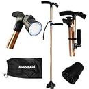 MobiliAid Stand Easy Walking Stick with LED Light, Freestanding Folding Walking Cane with Second Handle, Height Adjustable Lightweight Mobility Aid, with Free Extra Cane Tip & Carry-On Bag