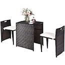 Costway 3PCS Cushioned Patio Rattan Set, Outdoor Wicker Conversation Set, Space-Saving Sofa Chair Set with Tempered Glass Top Table, Rattan Furniture Set with Cushions for Balcony, Poolside, Garden