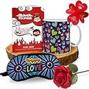 Indigifts Valentine Day Gift Love Quote Coffee Mug, Funky Eye Mask, Artificial Rose & Naughty Coupon Cards - Birthday Gifts for Girlfriend/Boyfriend, Anniversary Gift for Husband/Wife, Love Gift