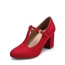 DREAM PAIRS Low Chunky Heels for Women DPU211 T-Strap Mary Jane Pumps Closed Toe Wedding Dress Shoes Red Size 8