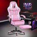 ALFORDSON Pink Gaming Chair Racing Style with Extra Large Lumbar Cushion and U-Shape Headrest High Back Ergonomic Reclining Video Game Desk Chair with Footrest PU Leather Swivel Home Office Chair