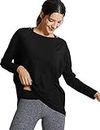 CRZ YOGA Long Sleeve Pima Cotton Workout Shirts for Women -Casual Loose Fit Yoga T-Shirt Boat Neck Sports Top Black Small
