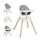 Komcot Baby High Chair, 6 in 1 Wooden Convertible High Chairs for Babies and Toddlers, Booster Seat with Double Tray & Reversible Footrest Baby Highchair, 5-Point Harness Baby Feeding Chair, Grey