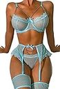 Aranmei Women’s Sexy Eyelash Fishnet Lingerie Set Chain Babydoll Underwire Bra and Panty Sets with Garter Belt 4 Pieces, Light Blue, Small