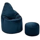 Loft 25 Chaise Velvet Bean Bag Chair | Siège BeanBag Premium pour l'intérieur de la maison et le salon | Design ergonomique pour le soutien du corps | Durable et confortable (Pouf + Tabouret, Pacific)