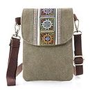 Silkarea Vintage Embroidered Canvas Small Flip Crossbody Bag Cell Phone Pouch for Women Wristlet Wallet Bag Coin Purse (ArmyGreen 01)