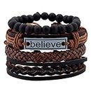 University Trendz Metal Leather Natural Stone Beads Inspirational Believe Words Bracelet for Men - Set of 4 (Brown)