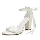 YWXYMGE Block Heel Wedding Shoes for Bride Women Chunky Heeled Sandals Pearl Bridal Shoes, Ivory, 8