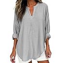 Blouse Women's Muslin Linen Tops V-Neck Plain Long Sleeve Summer Blouse Shirt Vintage Long Blouse Elegant Summer Blouses Button-Down Beach Blouse Oversize White Shirt Blouse Shirts, gray, XL
