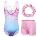 BAOHULU Gymnastics Leotards for Girls Toddlers Kids Sparkle Sequins Mesh Top Dancewear, Whitepinkblue Set, 5-6 Years