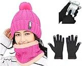 NESVIB Women's 3 Winter Products Combo | Snow Proof, Knitted, Inside Fur, Warm Woolen Cap & Neck warmer/Scarf for Winters| Woolen Mobile Touch Gloves (Dark Pink)