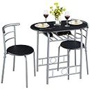 Yaheetech 3 Piece Dining Table & Chairs Set, Compact Dining Room Set with Storage Shelf and Wine Rack, Modern Breakfast Bar Table Set for Kitchen/Apartments/Small Space, Black, 80x53x75.5cm