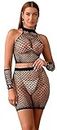 Bommi Fairy Women's Sexy Fishnet Mesh Lingerie Bodysuit Outfits Exotic Sets Net Top + Wrap Skirt + Sexy Hand Socks Party Wear Hollow Out Mini Dress (Black)