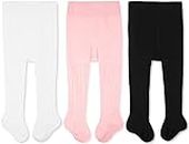 CozyWay Girls Tights Cotton Cable Knit Footed Pantyhose Baby Toddler Leggings - Pack of 3, Black White Pink, 0-6 Months