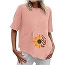 Damen Leinen Tops Shirts Sommer Casual Kurzarm Jacquard Tunika Bluse Grafikdruck Bequem Weich Rundhalsausschnitt Tops, rose, M