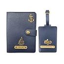 The Bling Stores Personalized Custom Genuine PU Leather Passport Cover with Luggage Tag/Name Crafted with Charms/Unique Design Unisex (Set of 2) Blue