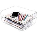 Tomorotec 2-Pack Desk Letter Tray Set, A4 Size Clear PET Stackable Document Organizer Office Desktop File Paper Holder Book Storage Rack Side Load Anti-Skid Stacking Support Convex Bottom Grooved Snap