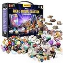 Rock, Fossil & Mineral Collection & Activity Kit. Includes 250+ Real Gemstones, Crystals Specimens & Jumbo Learning Mat - Bulk Rough Rocks, Polished Gem Stones, Genuine Fossils - Science Gift for Kids