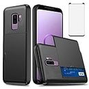 Asuwish Phone Case for Samsung Galaxy S9 Plus with Tempered Glass Screen Protector and Credit Card Holder Wallet Cover Hard Hybrid Cell Accessories Glaxay S9+ 9S 9+ S 9 9plus S9plus Women Men Black