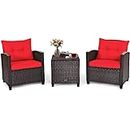 Tangkula 3 Pieces Patio Furniture Set, PE Rattan Wicker 3 Pcs Outdoor Sofa Set w/Washable Cushion and Tempered Glass Tabletop, Conversation Furniture for Garden Poolside Balcony (Red)
