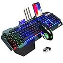 Wireless Gaming Keyboard and Mouse,RGB Backlit Rechargeable Keyboard Mouse with 5000mAh Battery Metal Panel,Removable Hand Rest Mechanical Feel Keyboard and 7 Color for PC Gamers (RGB Backlit)
