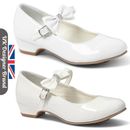 Girls Communion Shoes Patent White Ivory Mary Jane Bow Wedding Ankle Strap Heel